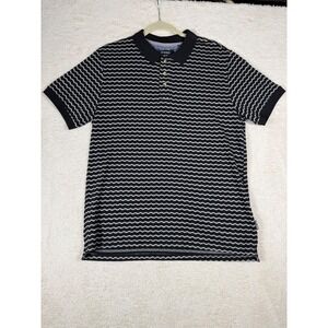 Reverse Threads Polo Shirt Mens Medium Black White Wavy Stripe Good K3686 Casual